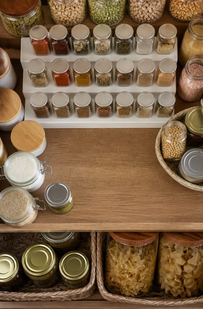 Tiered risers displaying spice jars on a pantry shelf.