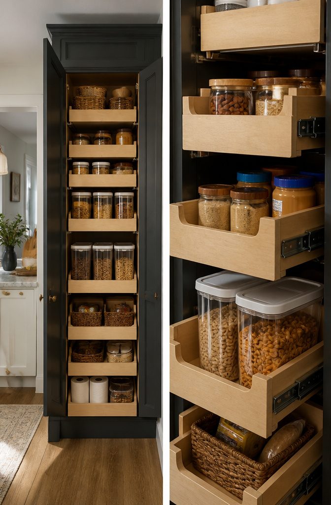 Pull-out shelves in a pantry holding breakfast items and backup stock.