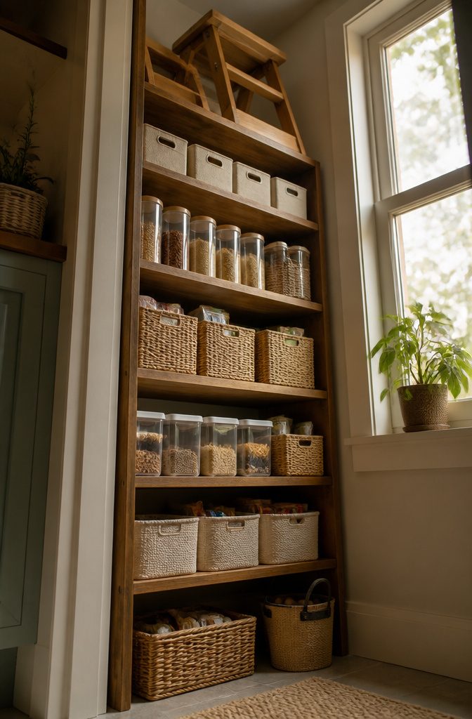 Tall pantry shelves holding a variety of food items and a step stool.