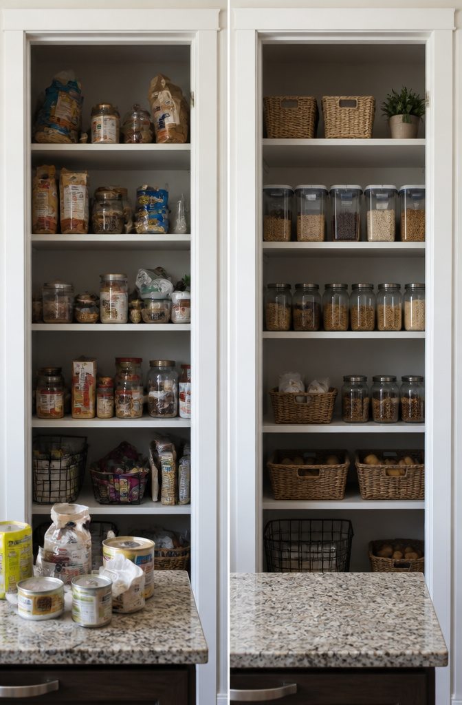 A kitchen counter filled with items sorted for a pantry purge.