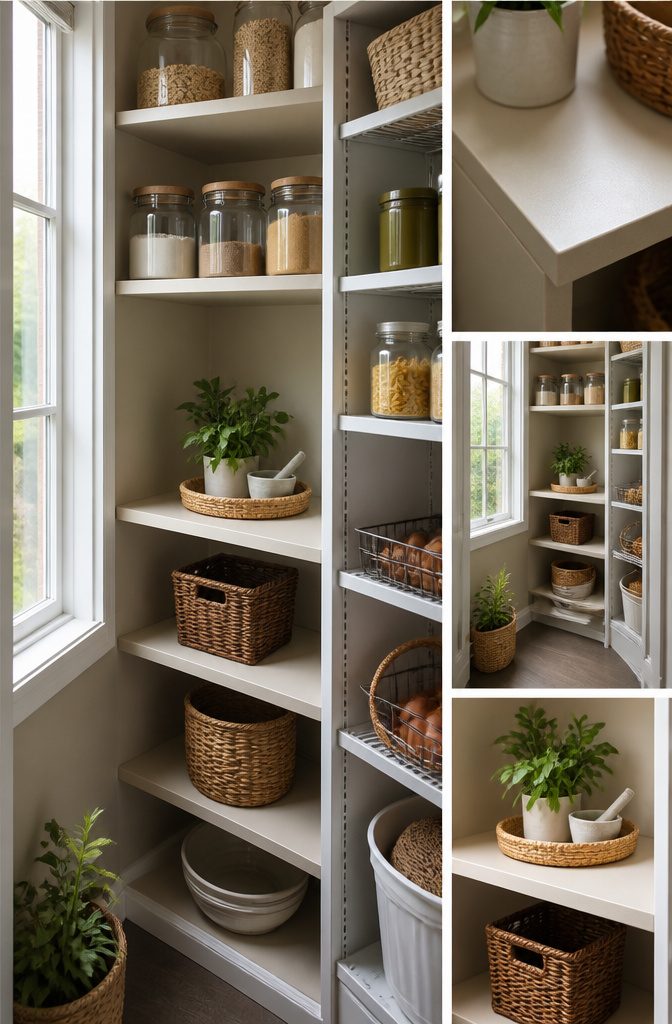 Custom shelf fitting into a corner of a pantry with standard shelves.