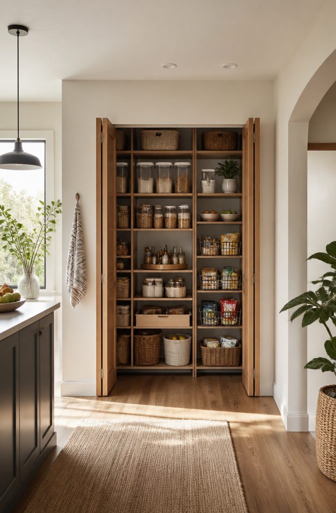 A pantry with organized zones for breakfast, dinner prep, and snacks.