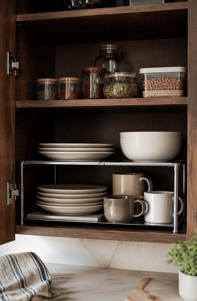 10 Storage Ideas for Small Spaces That Actually Work in 2026 7 A kitchen cabinet with an expandable riser holding neatly stacked plates.