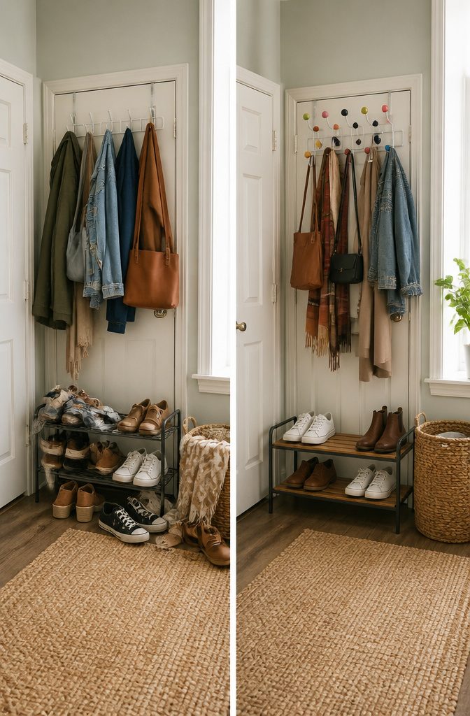 10 Storage Ideas for Small Spaces That Actually Work in 2026 8 Wall hooks are mounted by a front door, holding bags and coats.