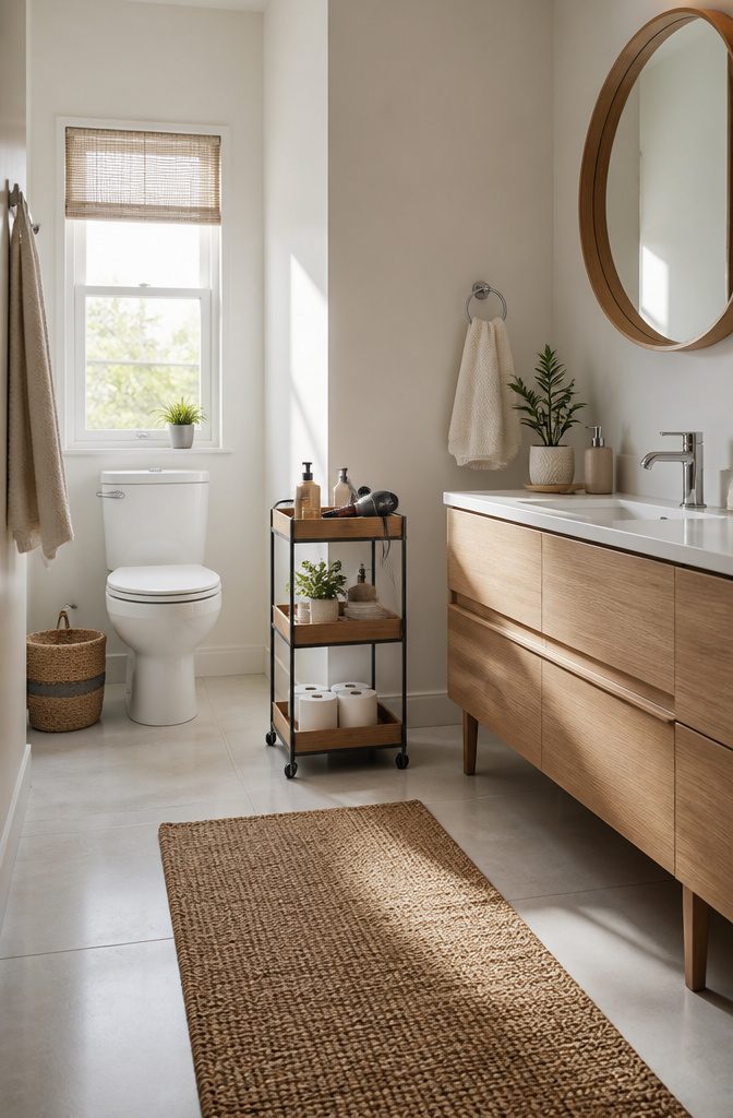 10 Storage Ideas for Small Spaces That Actually Work in 2026 6 A rolling storage cart filled with cleaning supplies and toiletries in a bathroom.