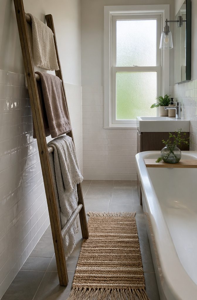 10 Storage Ideas for Small Spaces That Actually Work in 2026 5 A wooden ladder leaning against a wall, holding neatly draped towels.