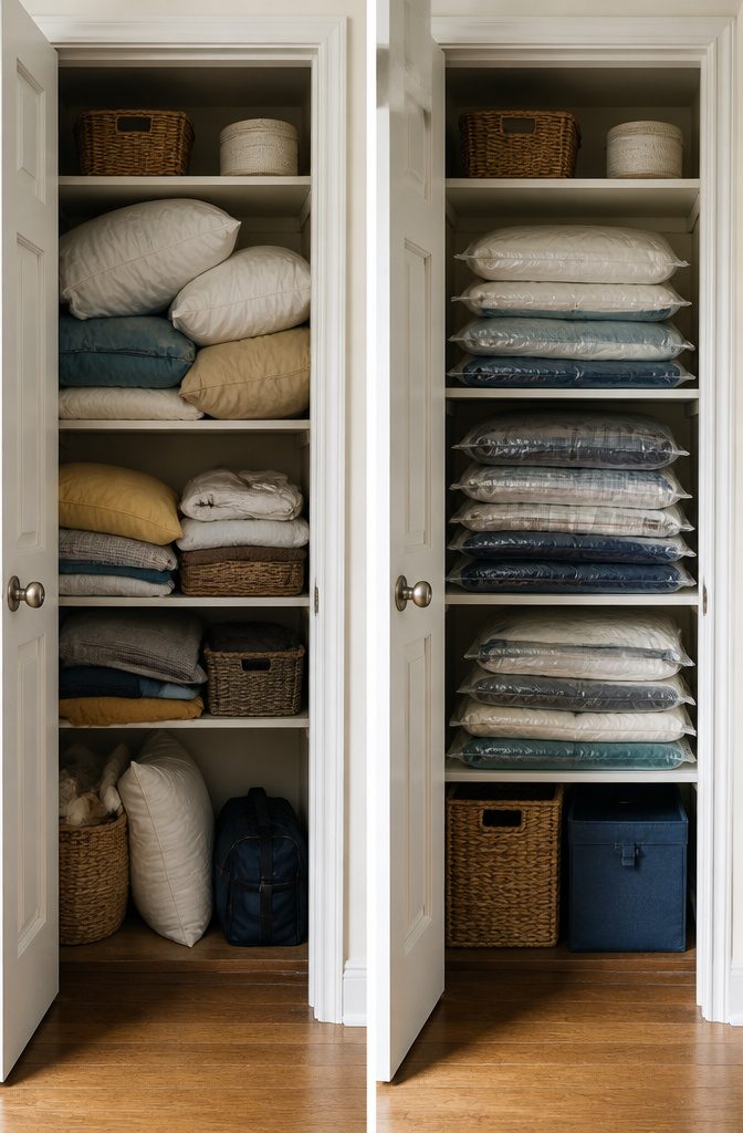 10 Storage Ideas for Small Spaces That Actually Work in 2026 13 Vacuum-sealed storage bags containing bedding compressed for storage.