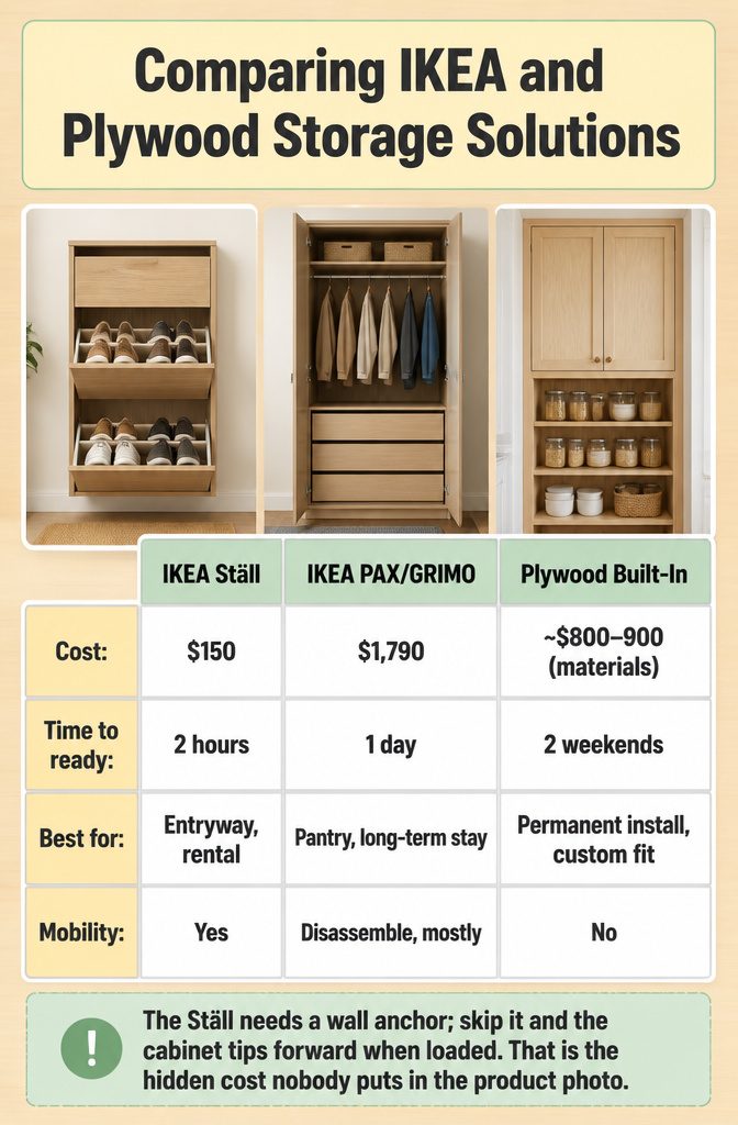 10 Storage Ideas for Small Spaces That Actually Work in 2026 14 A comparison chart of IKEA and plywood storage options with prices.