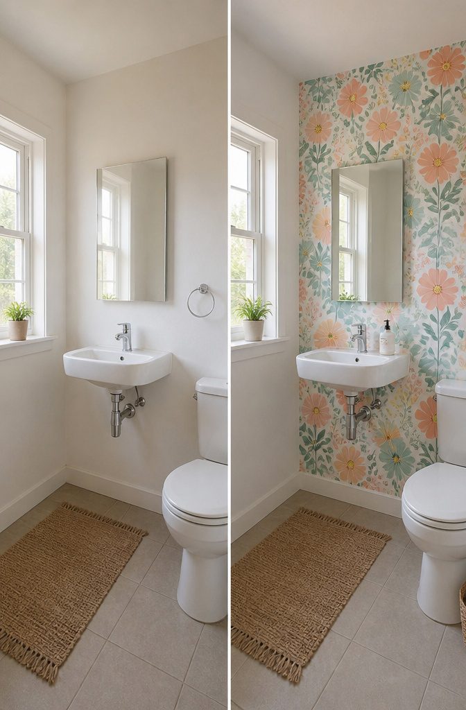 20 Tiny Bathroom Ideas for Compact Spaces in 2026 15 A small bathroom featuring peel-and-stick vinyl wallpaper on one wall.