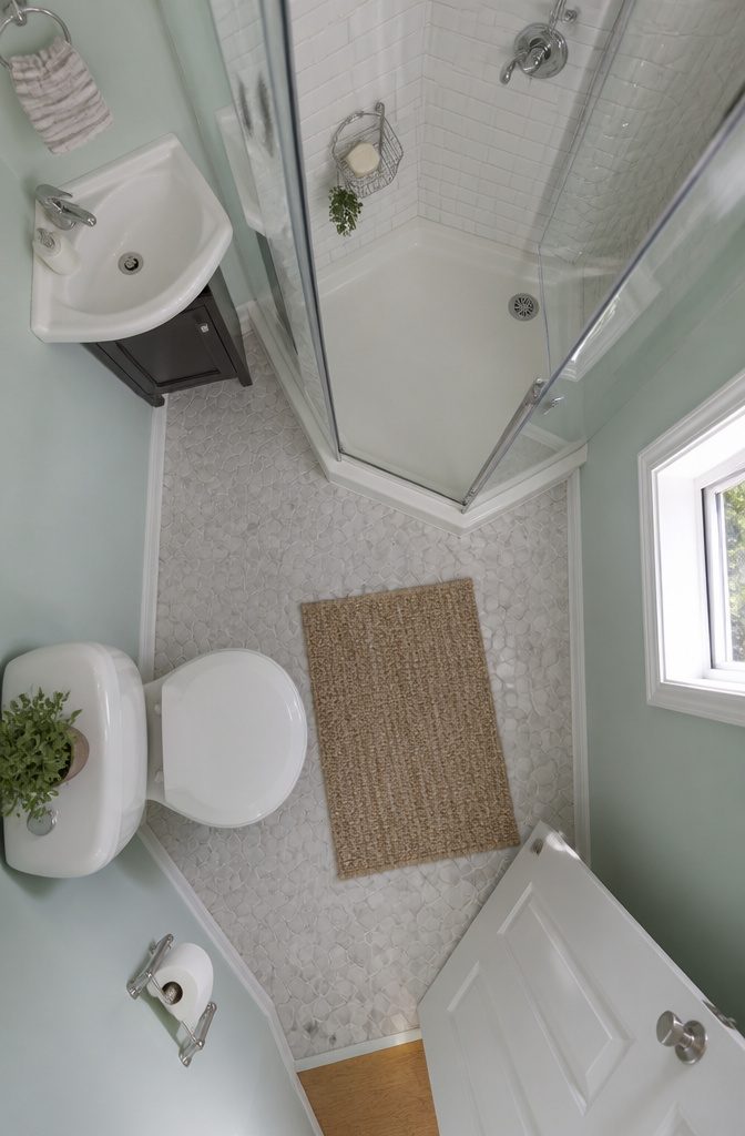 20 Tiny Bathroom Ideas for Compact Spaces in 2026 8 A neo-angled corner shower in a compact bathroom.