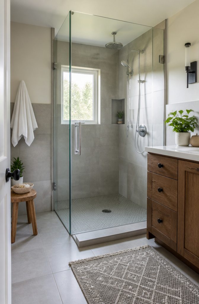 20 Tiny Bathroom Ideas for Compact Spaces in 2026 5 A frameless glass shower enclosure in a compact bathroom.