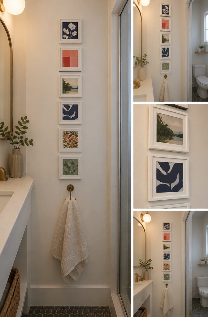 20 Tiny Bathroom Ideas for Compact Spaces in 2026 19 A vertical gallery wall arrangement in a small bathroom.