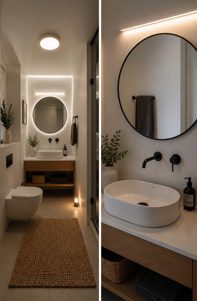 20 Tiny Bathroom Ideas for Compact Spaces in 2026 6 Various light sources illuminating a small bathroom.