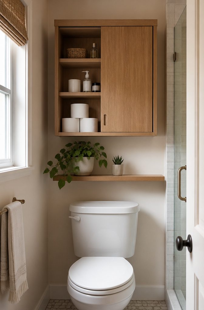 20 Tiny Bathroom Ideas for Compact Spaces in 2026 11 A stylish over-the-toilet cabinet in a compact bathroom.