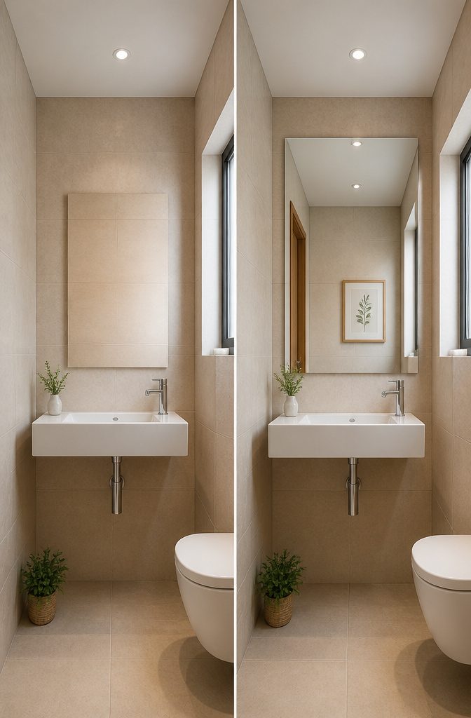 20 Tiny Bathroom Ideas for Compact Spaces in 2026 2 A large frameless mirror reflecting light in a small bathroom.