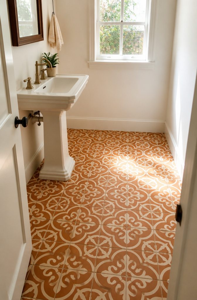 20 Tiny Bathroom Ideas for Compact Spaces in 2026 7 A bathroom floor featuring patterned tiles with plain white walls.
