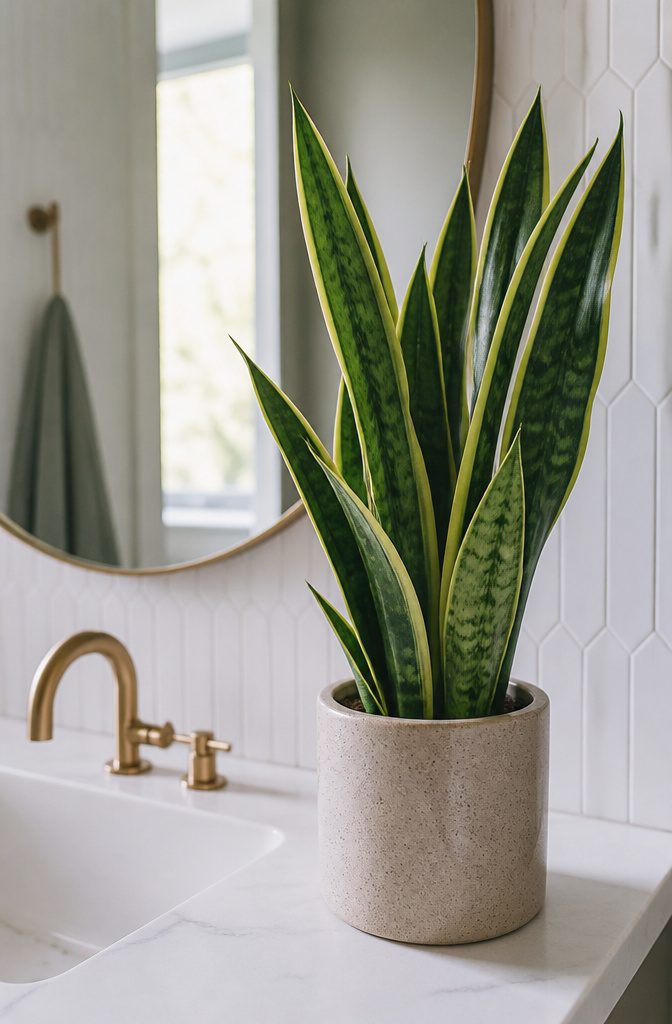 20 Tiny Bathroom Ideas for Compact Spaces in 2026 9 A snake plant positioned in a small bathroom.