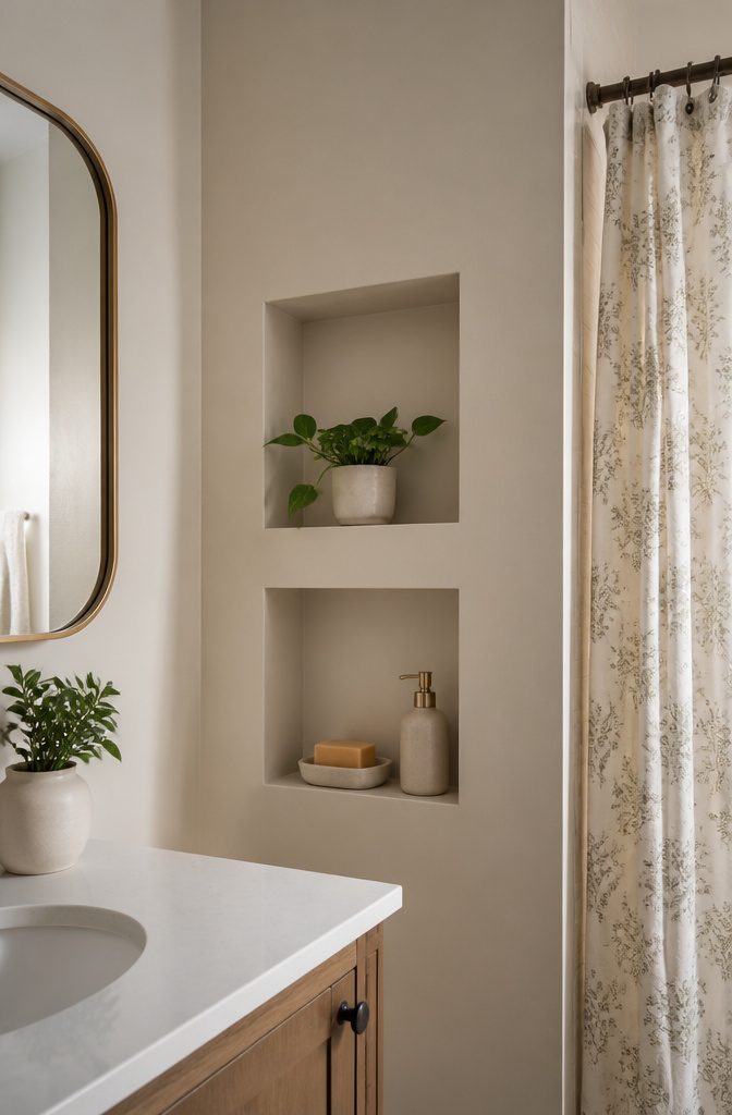 20 Tiny Bathroom Ideas for Compact Spaces in 2026 12 Built-in recessed shelves holding toiletries in a small bathroom.