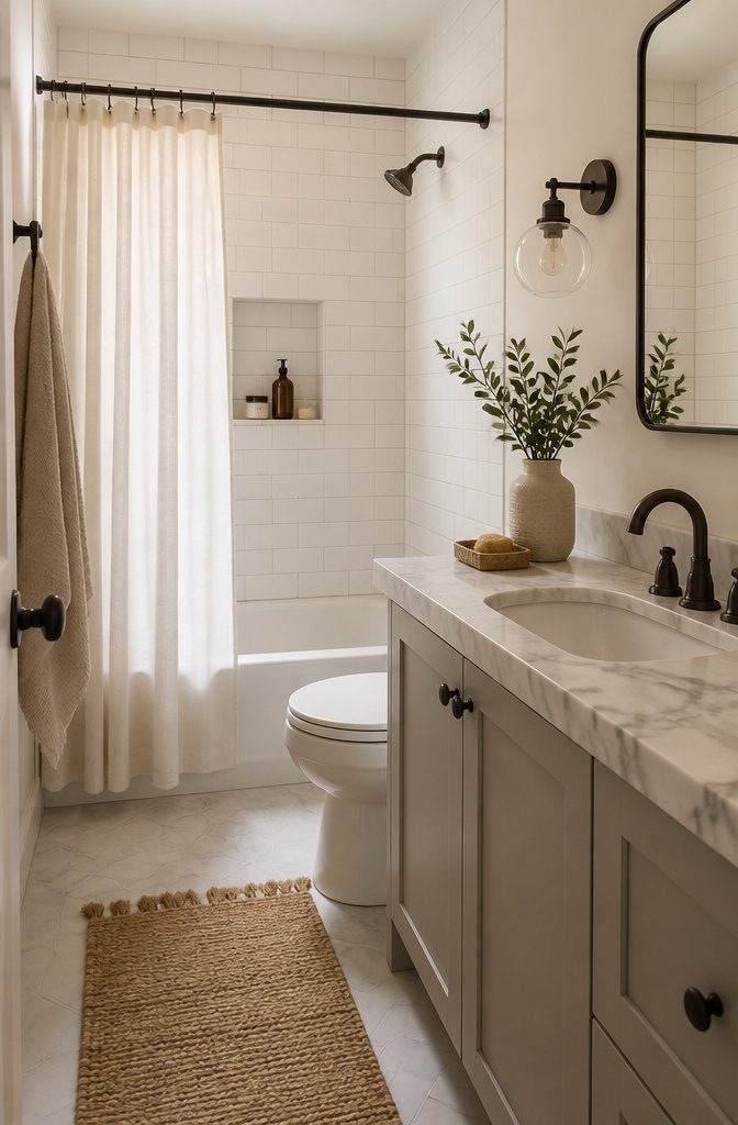 20 Tiny Bathroom Ideas for Compact Spaces in 2026 18 A bathroom with a mix of matte and polished surfaces.