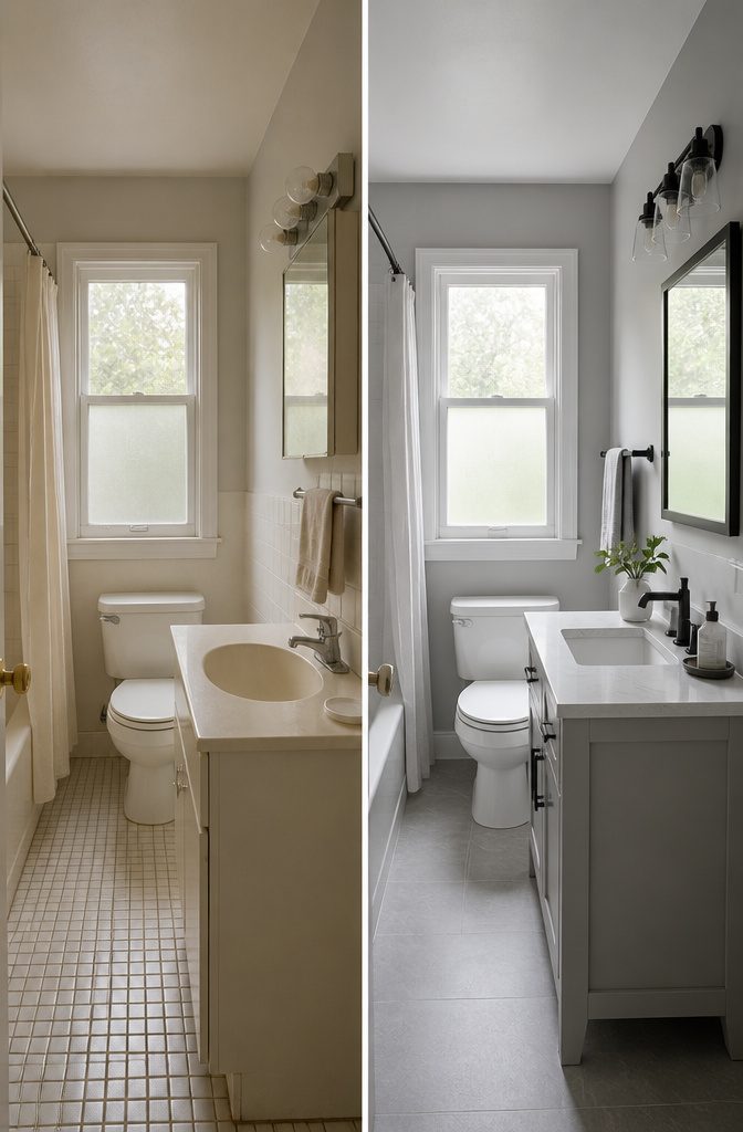 20 Tiny Bathroom Ideas for Compact Spaces in 2026 13 A small bathroom with a harmonious color scheme.