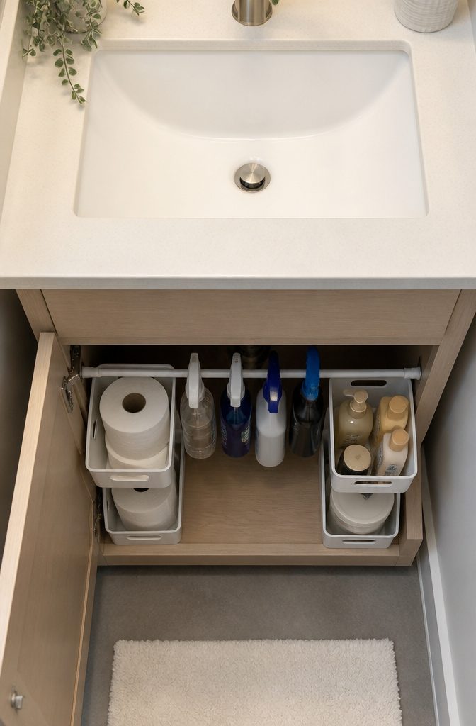 20 Tiny Bathroom Ideas for Compact Spaces in 2026 20 Storage bins and a tension rod in a bathroom cabinet.