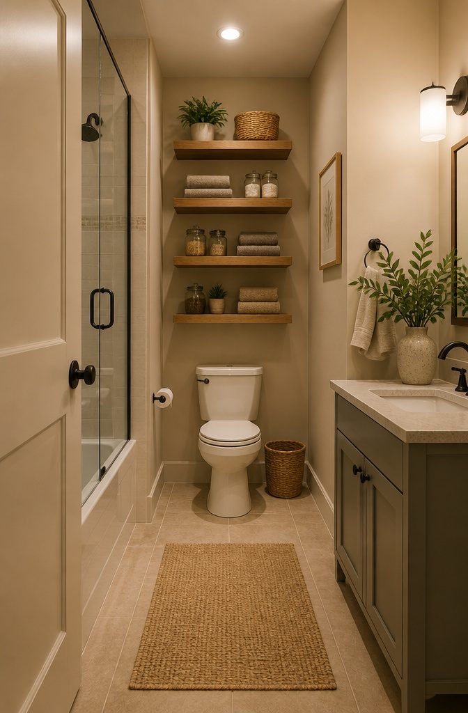 20 Tiny Bathroom Ideas for Compact Spaces in 2026 3 Floating shelves installed above a toilet for efficient storage.
