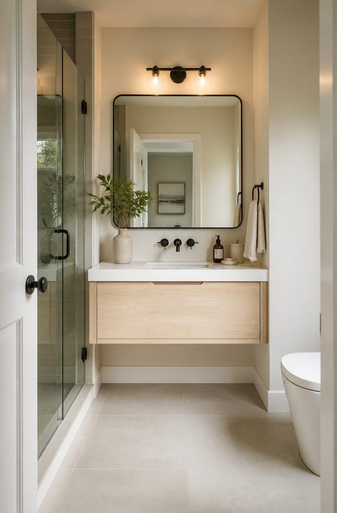 20 Tiny Bathroom Ideas for Compact Spaces in 2026 4 A sleek wall-mounted sink and floating vanity in a small bathroom.