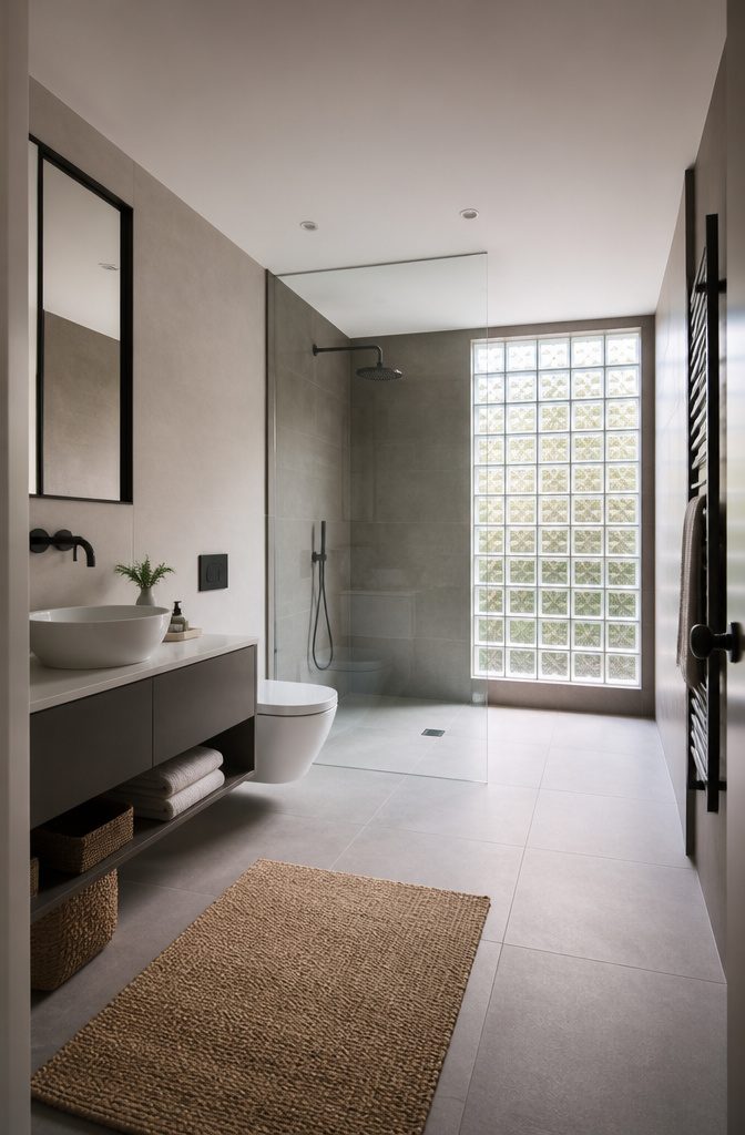 20 Tiny Bathroom Ideas for Compact Spaces in 2026 10 A wet room featuring a continuous floor and minimal barriers.