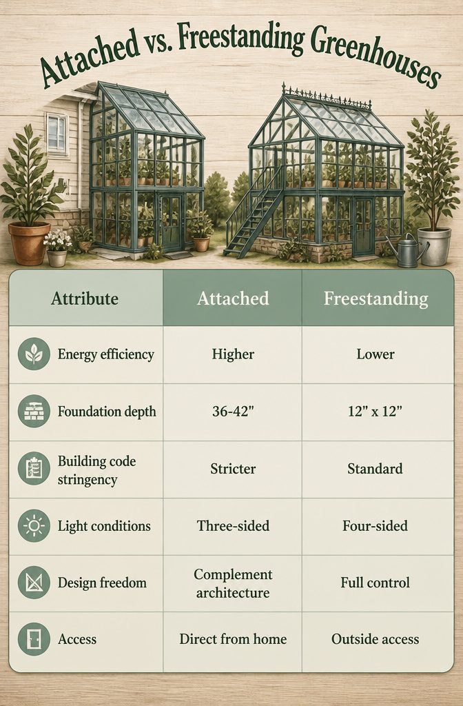 A comparison of attached versus freestanding two story greenhouses.