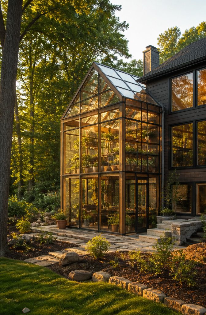 A two story greenhouse attached to a house with a shared wall.