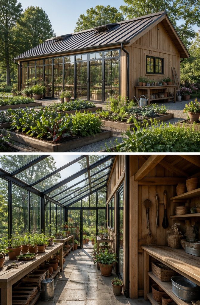 A two story greenhouse design with an attached storage shed.