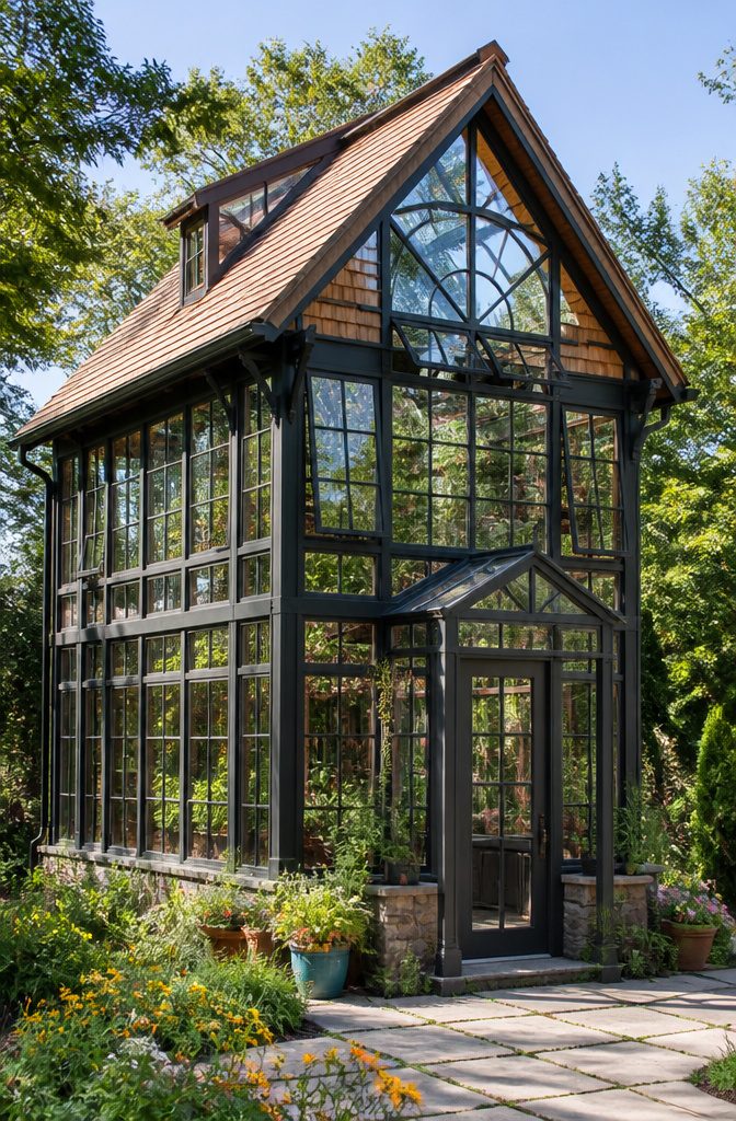A custom two story greenhouse showcasing various design elements.
