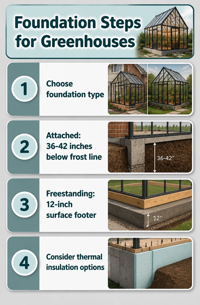 Steps illustrating foundation types for two story greenhouses.