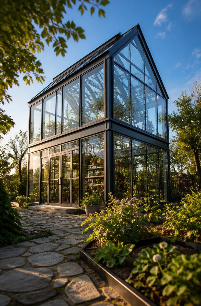 A freestanding two story greenhouse with sunlight exposure from all sides.