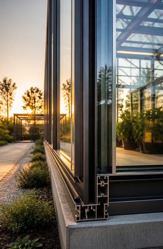 Close-up of glass and frame materials used in a two story greenhouse.