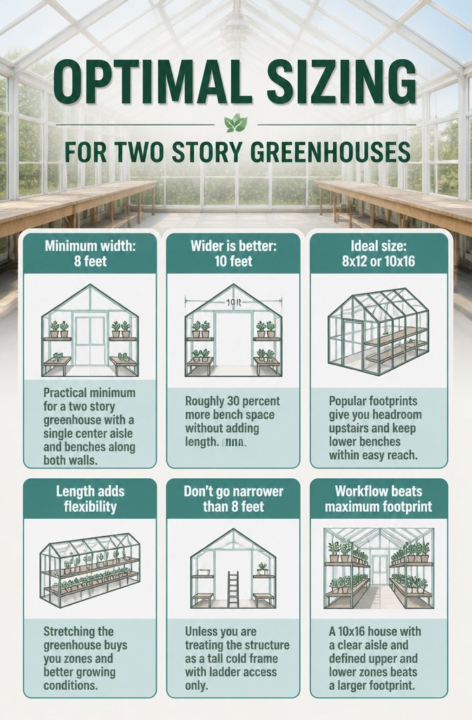 A diagram illustrating optimal sizing for two story greenhouses.