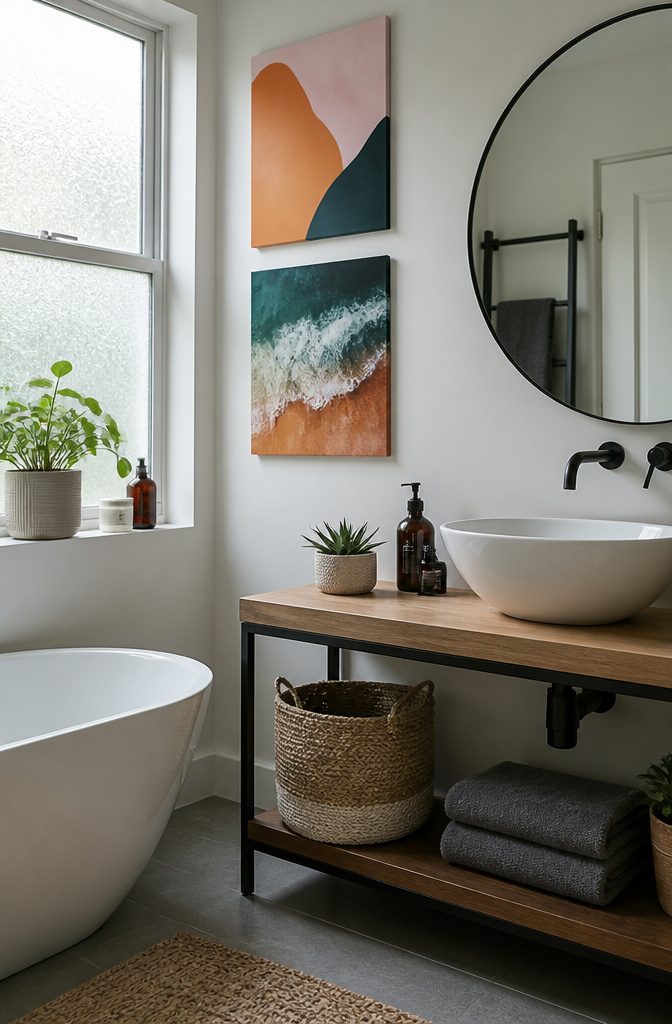 19 UK Bathroom Ideas for 2026: Colors, Layouts and Details 16 Bathroom displaying humidity-resistant metal prints and art.
