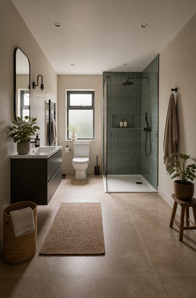 19 UK Bathroom Ideas for 2026: Colors, Layouts and Details 14 Bathroom with an asymmetrical layout accommodating an off-center window.