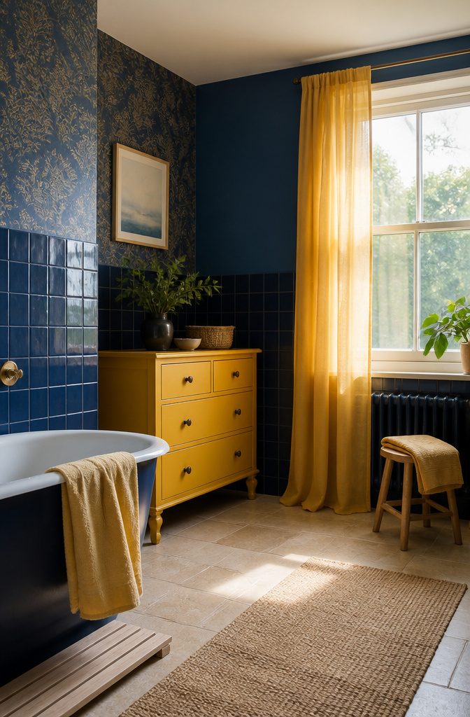 19 UK Bathroom Ideas for 2026: Colors, Layouts and Details 1 Bathroom with deep blue walls and yellow curtains, featuring a painted dresser.