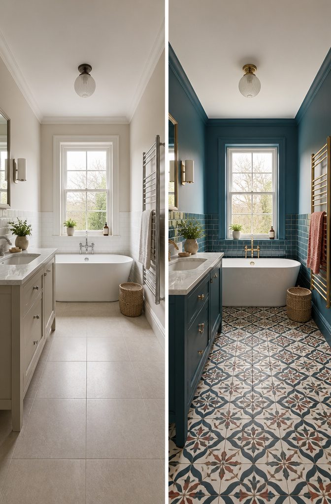 19 UK Bathroom Ideas for 2026: Colors, Layouts and Details 13 Bathroom showcasing a patterned floor and a painted wall.