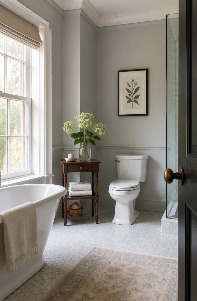19 UK Bathroom Ideas for 2026: Colors, Layouts and Details 12 Chic bathroom with a side table and framed print above the toilet.