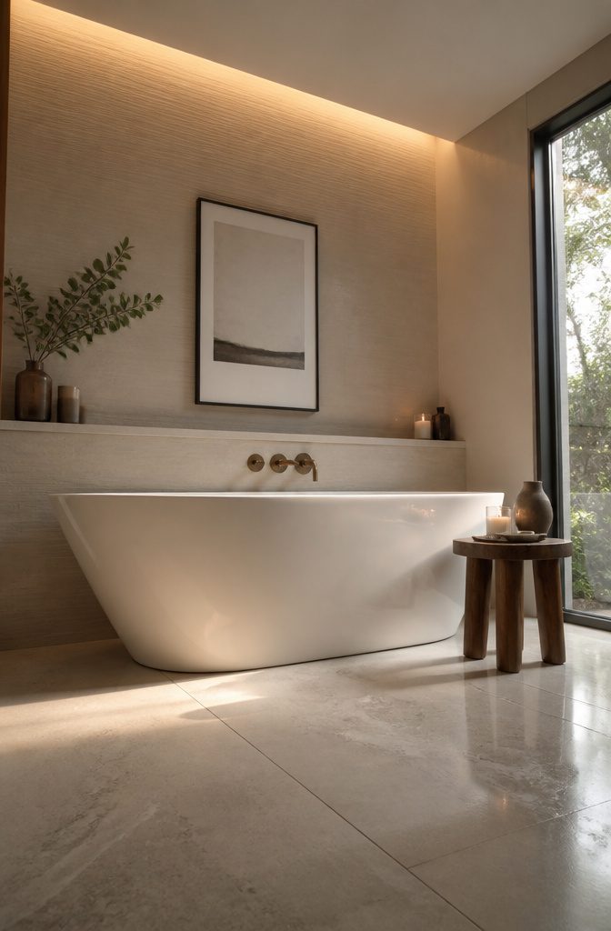 19 UK Bathroom Ideas for 2026: Colors, Layouts and Details 7 Bathroom featuring a freestanding tub with clear floor space around it.