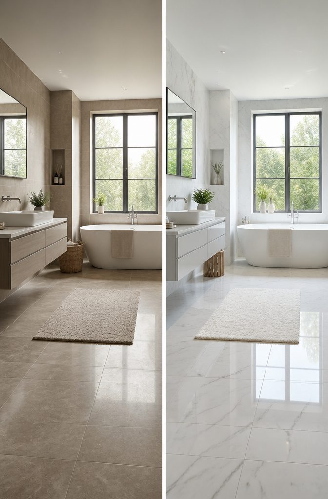 19 UK Bathroom Ideas for 2026: Colors, Layouts and Details 10 Bathroom with large light-colored tiles minimizing grout lines.
