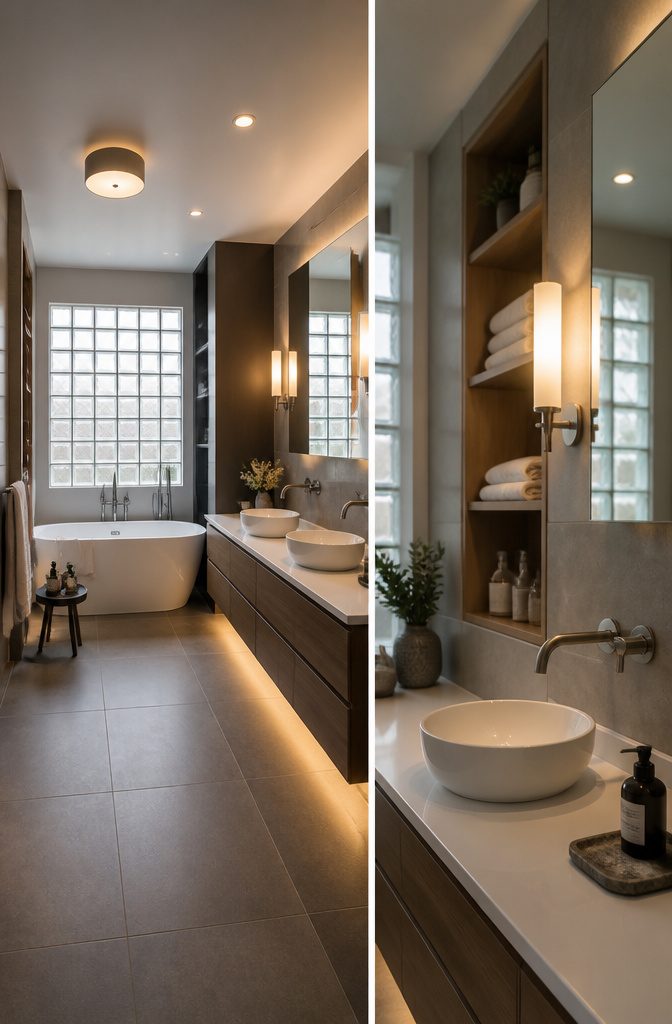 19 UK Bathroom Ideas for 2026: Colors, Layouts and Details 18 Bathroom with overhead lights and sconces flanking a mirror.