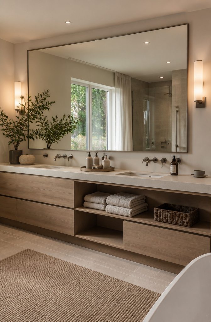 19 UK Bathroom Ideas for 2026: Colors, Layouts and Details 11 Bathroom featuring a large mirror above a modern vanity.