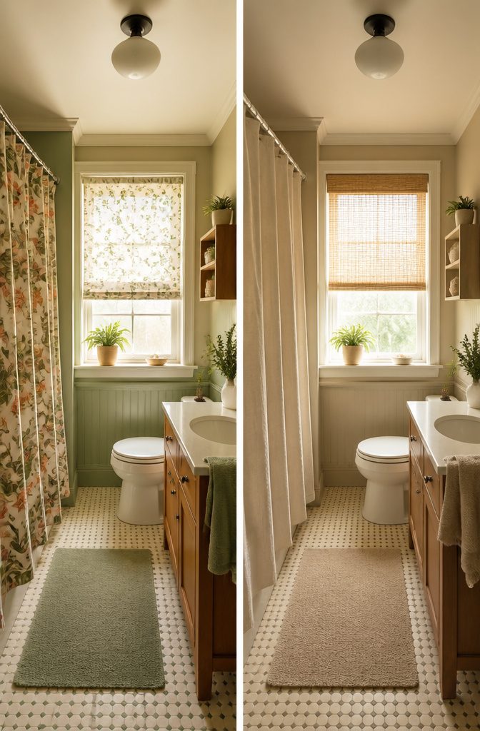19 UK Bathroom Ideas for 2026: Colors, Layouts and Details 17 Bathroom with striped shower curtain and floral blind in complementary colors.