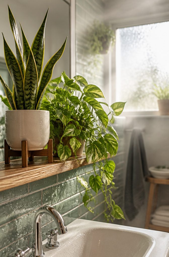 19 UK Bathroom Ideas for 2026: Colors, Layouts and Details 19 Bathroom featuring pothos and snake plants in a humid environment.