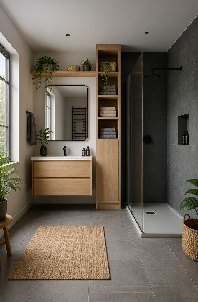 19 UK Bathroom Ideas for 2026: Colors, Layouts and Details 9 Narrow bathroom featuring a tall cabinet between the vanity and shower.