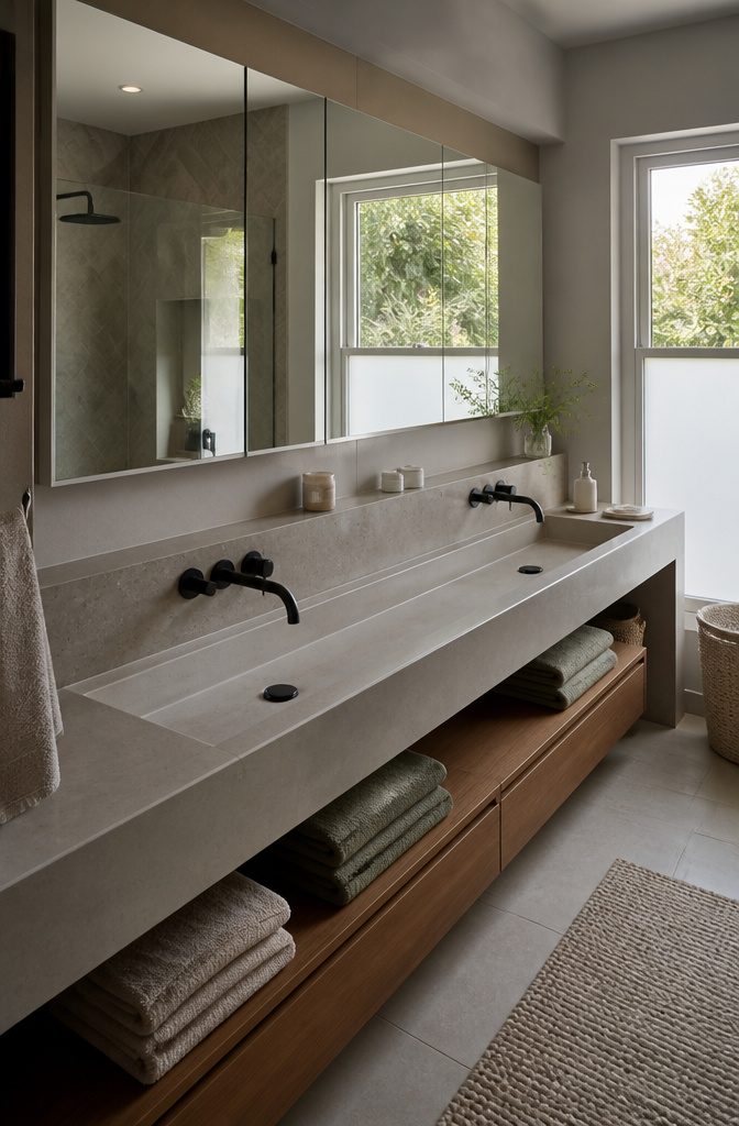 19 UK Bathroom Ideas for 2026: Colors, Layouts and Details 15 Bathroom featuring a long trough sink with dual drains.