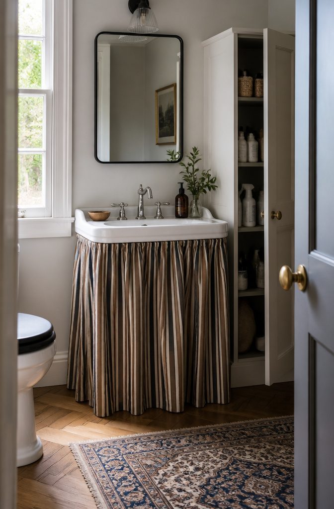 19 UK Bathroom Ideas for 2026: Colors, Layouts and Details 2 Bathroom with a pedestal sink covered by a striped fabric skirt.